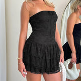 Purpdrank  Black Knot Front Sexy Tube Dress Women's Summer 2025 New Elegant Cute Style Layered Ruffle Hem Short Dresses