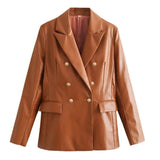 Purpdrank  Women's Double-Breasted Long-Sleeved PU Leather Jacket with Pockets Solid Color Fashion Small Suit for Autumn Winter