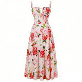 Purpdrank  Women's Floral Print Spaghetti Strap Maxi Dress Slim Fit Tie Front Ruched Vintage Boho Dresses Holiday Vacation Summer Sundress