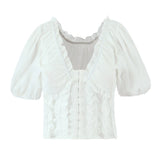 Purpdrank  Sweet White Embroidery Hollow Out Hole Splice Lace Elastic U Collar Short Sleeve Shirt Women Center Buttons Slim Crop Tops