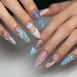 Purpdrank  24pcs 3D Blue Heart Press on Nails Medium Almond Fake Nails with Glue Full Cover Pink Gradient Y2k False Nails Sweet Cool Nail