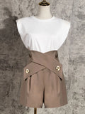 Purpdrank  Summer High Waist Shorts Cross Bandage Buttons Decoration Loose Wide Leg Casual Short Pants Khaki