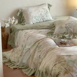 Purpdrank  4Pcs Lyocell Soft Silky Cooling Summer Bedding Set Rose Floral Prints Ruffles Duvet Cover Set Bed Sheet/Fitted Sheet Pillowcases