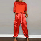 Purpdrank  Women Satin Two Piece Set Half Sleeve Top And Drawstring Waist Jogger Pants With Pockets Casual Office Lady Summer Outfit