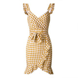 Purpdrank  Plaid Lace Up Bodycon Dress Women Ruffles Summer Dress Off Shoulder V Neck Backless Irregular Bow Tie Dresses