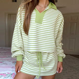 Purpdrank  Young Style Striped 2 Piece Outfits Preppy Autumn Long Sleeve Crop Sweatshirt Tops + Mini Skirt Matching Set Women Loungewear