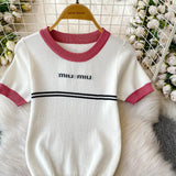 Purpdrank  Korean Sle Student Stripe Knitted T-irt Top High Waist A-Line Skirt Set round Ne ort Sve Casual Faion Ensemble
