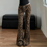 Purpdrank  Fashion New Leopard Print Flare Pants Women's Drawstring Tie Up Waist Slim Long Trousers Hot Girl Streetwear Trendy Pants
