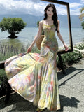 Purpdrank  Women Summer Holiday Beach Long Dress Vintage Printed Floral Sexy Bodycon Dress Strapless V-neck Elagant Lace-up Party Dress