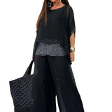 Purpdrank  Luxury High-end Women 2 Pieces Set Summer Chiffon O Neck Short Sleeve Beaded Patchwork Top Wide Leg Pant High Waist Trouser Suit