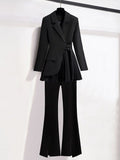 Purpdrank - Women Suits Office Sets New Spring  Long Sleeve Fold Pocket Blazer Women Solid Color Bell Bottoms Fashion Elegance Office Lady