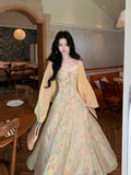 Purpdrank  Summer Floral Printed Long Dress Women Patchwork Lace Chiffon Fairy Dress Casual Gold Stamping Bow Tie Suspender Dress
