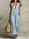 Purpdrank  Boho Striped Print Loose Maxi Dress Women Summer Fashion Sleeveless V-neck Long Dresses Elegant