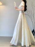 Purpdrank  Spring and Summer Temperament French New Style Waist Pleated Solid Color Casual and Elegant Versatile Dress