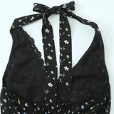 Purpdrank  Sexy Black Floral Print Spliced Lace Bow Halter V Collar Backless Mini Dress Women Elastic Zipper Back A-line Short Robe Holiday
