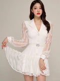 Autumn New Notched collar Belt Slim Mini Blazer Dress Women's Sexy Lace Patchwork Long Sleeve Single-Breasted Short Dress White