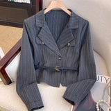 Purpdrank  Korean Niche Striped Blazer for Women Fashion Design Sense with Belt Suits Jacket Elegant Office Ladies All Match Coat Outerwear