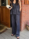 Purpdrank  Korean Women's Retro Temperament Denim Two-piece Set V-neck Denim Cami + High Waist Wide Leg YK2 Casual Pants Trousers Set Women