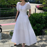 Purpdrank  Chic Summer Women's Long A-Line Dress round Neck Bubble Sleeve High Waist Slimming Gown Korean Style Commute Friendly Polyest...