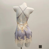 Purpdrank  Sexy Pajamas for Women Nightwear Ice Silk Lace Beautiful Back Suspender Pajama Night Dress Elegant Strap Sweet Nightgown