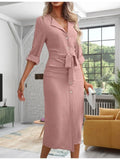 Purpdrank  Spring Autumn Shirt Dress Lapel Waist Lacing Button Split Robe Women's Clothing Trend Party Dresses Office Ladies Dress Chic New