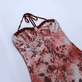 Purpdrank  Women's Elegant Floral Print Halter Neck Bodycon Midi Dress Ruffle Hem High Slit Party Dress