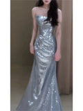 Morning Gowns Engagement Toast Dress Light Luxury Annual Meeting Birthday Host Silver Paillette Tube Top for Women