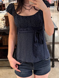 Purpdrank  Polka Dot Pink Lace-up T-shirt Blouse Women Summer Folds Square Collar Slim Puff Sleeve Shirts Sweet Vintage Backless Tees New