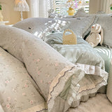 Purpdrank  Korean Princess Style Floral Prints Ruffles Bedding Set Double Layer Yarn 100% Cotton Duvet Cover Pillowcases Bed Sheet 4Pcs