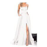 Purpdrank  women's Satin Prom Dresses Spaghetti Straps Backless Long Dress with High Slit Mermaid Formal Party Gown with Pocket Vestido
