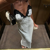 Purpdrank  Elegant Streetwear Polka Dot V-neck Spaghetti Strap Dress Summer Lady Sexy Long  Dress Fashion French Style Outfits