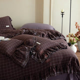 Purpdrank  Vintage French Large Ruffles Embroidery Wide Edge 100% Cotton Bedding Set Duvet Cover Flat/Fitted Bed Sheet Pillowcases 4Pcs
