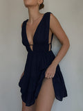 Purpdrank  Women Black Solid Sleeveless Elegant Deep V-Neck Backless Flowy Dress Formal Prom Gowns Party Dress Robe