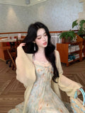 Purpdrank  Summer Floral Printed Long Dress Women Patchwork Lace Chiffon Fairy Dress Casual Gold Stamping Bow Tie Suspender Dress