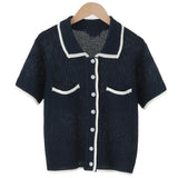 Purpdrank  Summer Single Breasted Hollow Out Women's Shirts Pockets Polo Collar Korean Short Sleeve Knitted Tops Female