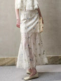 Purpdrank  French Chic Embroidery Maxi Skirt Beige Casual Summer Women Long Skirts Sheer Hollow Out Ruffles Ladies Skirt Falda