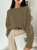 Purpdrank  Women Fall Winter Twist Knit Top Pullover Sweater Loose Round Neck Solid Color Versatile Fashionable Comfortable Petite