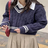 Purpdrank  College Style Short Fried Dough Twists Contrast Round Neck Sweater Women's Autumn and Winter V Loose Knit Long Sleeved Sweater