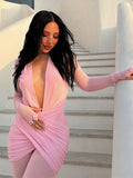 Purpdrank  Sexy Deep V-neck Pleated Jumpsuit Women Slim Full Sleeve See Through Flare Pants Romper Evening Lady Fashion 2026 Solid Rompers