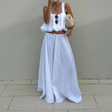 Purpdrank  High Street Exposed Navel Casual Outfits White Simple Summer Women's Suit Square Collar Camisole Top+Wide Leg Pants Holiday Set