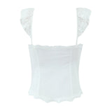 Purpdrank  White Spliced Mesh Lace Sexy Corset Women Summer Tank Tops Wood ears V neck Front Buttons Slim Through Buttons Crop Top