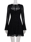 Purpdrank  Sexy Sparkly Sheer Mesh Party Dress Women Fashion Black Tie-up Low Cut Front Long Sleeve A Line Mini Midnight Club Dress