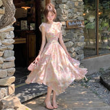 Purpdrank  Elegant Seaside Vacation Floral Printed Dress Summer Off Shoulder Women Camisole Dress Slim Casual Ruffles Fairy Dress