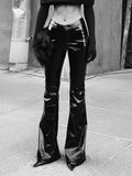 Purpdrank  Cool Reflective Patent Leather Flare Pants Women's Black Low Waist Slim Fit Retro Streetwear Casual Female Long Trousers