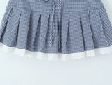Purpdrank  Sexy Blue Plaid Lapel V neck Short Puff Sleeve Shirt Tank Top + Women Bow Zipper Waist A-line Pleated Mini Skirt 2 Pieces 1 Set