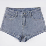 Purpdrank  Rhinestone Embellished High-Waist Denim Shorts Vintage Light Blue Slim Stretchy Hot Pants for Women Y2K Street Clubwear