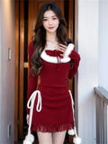 Purpdrank  New Winter Fur Spliced   square Collar Long-sleeved Dress with Atmosphere Slim Short Skirt