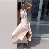 Purpdrank  Cotton Linen Contrast Dress Women Lapel Single Breasted Sleeveless Vestidos Female 2025 Spring Summer Chic High Waist Dresses