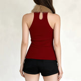 Purpdrank  Vintage Patchwork Fur Trim Collor Tank Tops Christmas Hollow Out Sleeveless Tanks Women Summer Fashion Streetwear Party