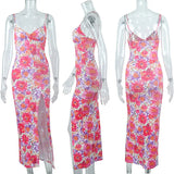 Purpdrank  Elegant Floral Pirnting Summer Dresses Women Spaghetti Strap V-neck Side Split Night Club Party Sexy Bodycon Midi Dress Vestidos